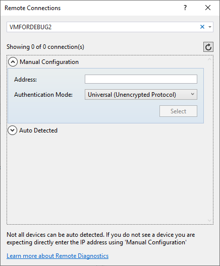 Remote Connections dialog Remote Connection dialog box