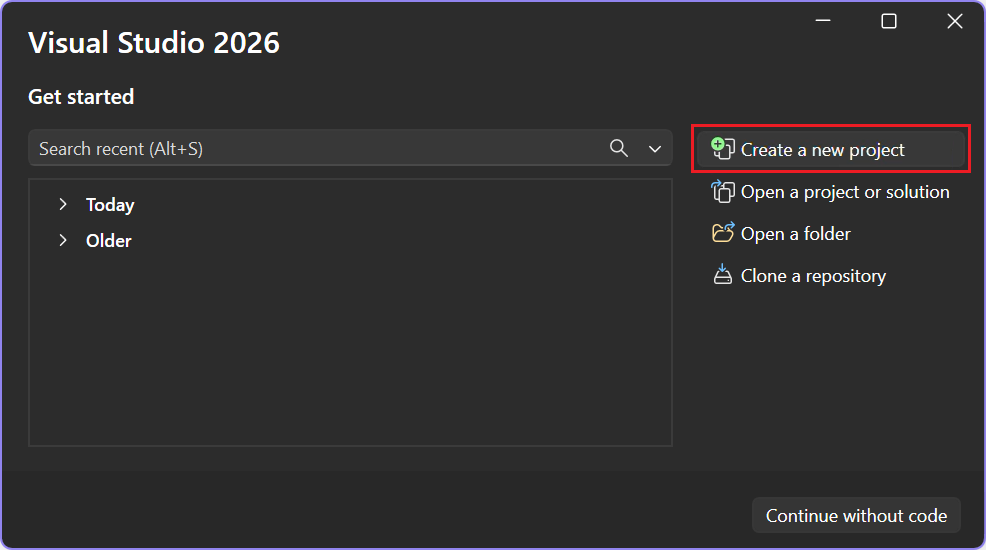 Screenshot that shows how to select the Create a new project option in the Visual Studio Start window.