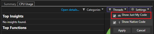 Screenshot of Show just my code option. Screenshot of Show just my code option.