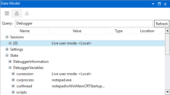 Screenshot of the data model window in WinDbg with expandable and browsable features.
