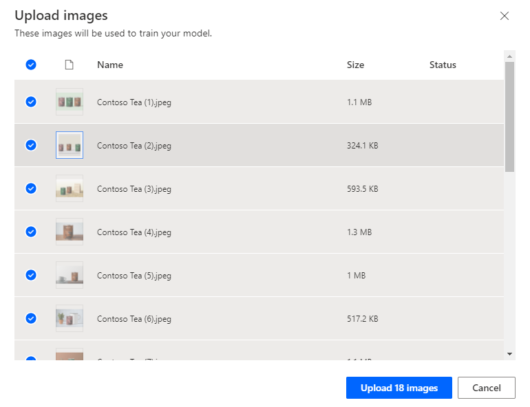 Upload images screen Screenshot of the Upload images screen.