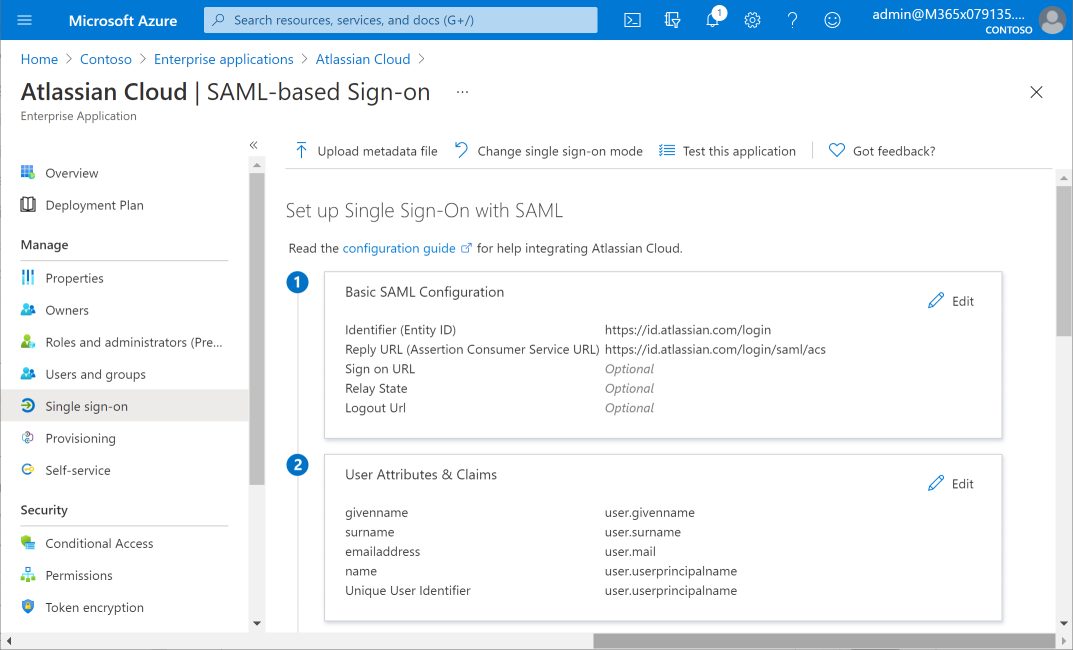 Screenshot of the SAML SSO settings blade.