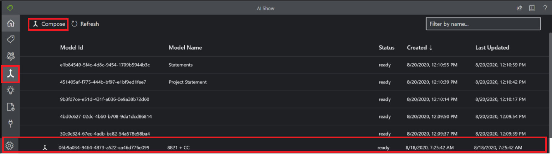 Screenshot of Document Intelligence Studio compose custom model dialog window.