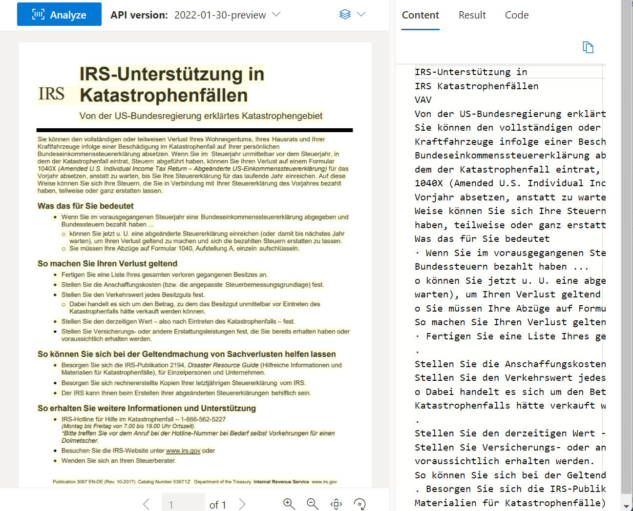 Screenshot that shows a sample document processed by using Document Intelligence Studio Read.