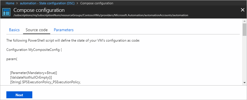 Screenshot of the source code step of the compose configuration page