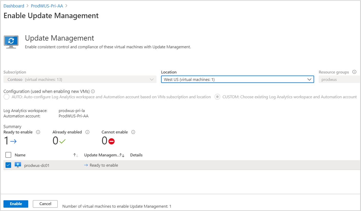 Enable Update Management for VM