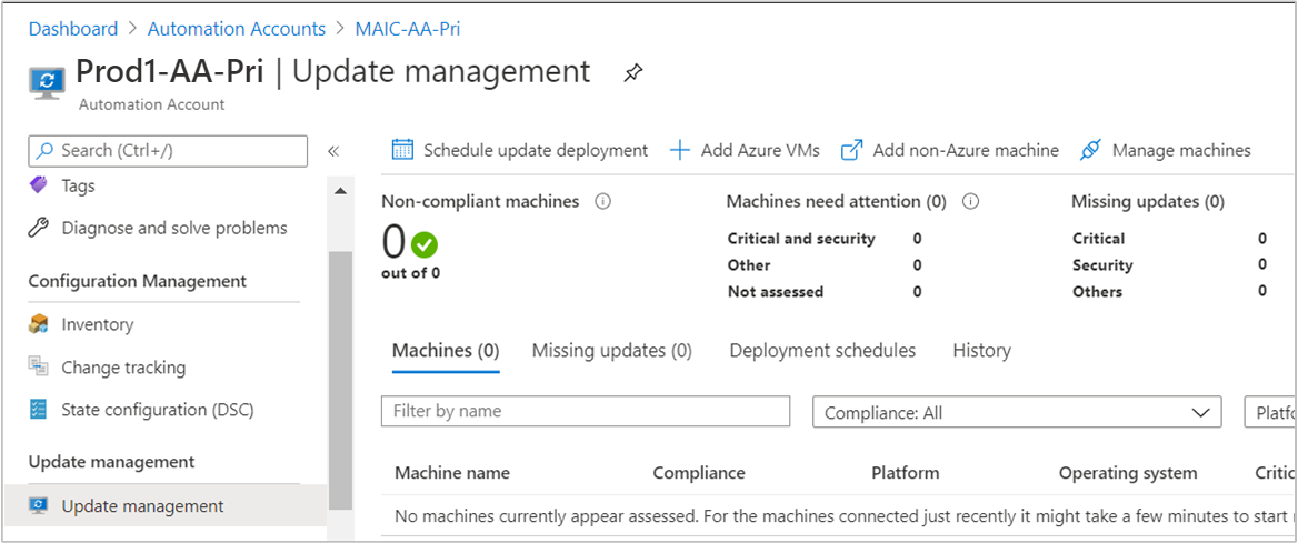 Update Management feature assessment view