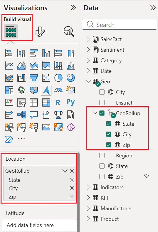 Screenshot showing an example of how to add data from the data pane to the location field in the visualization pane.