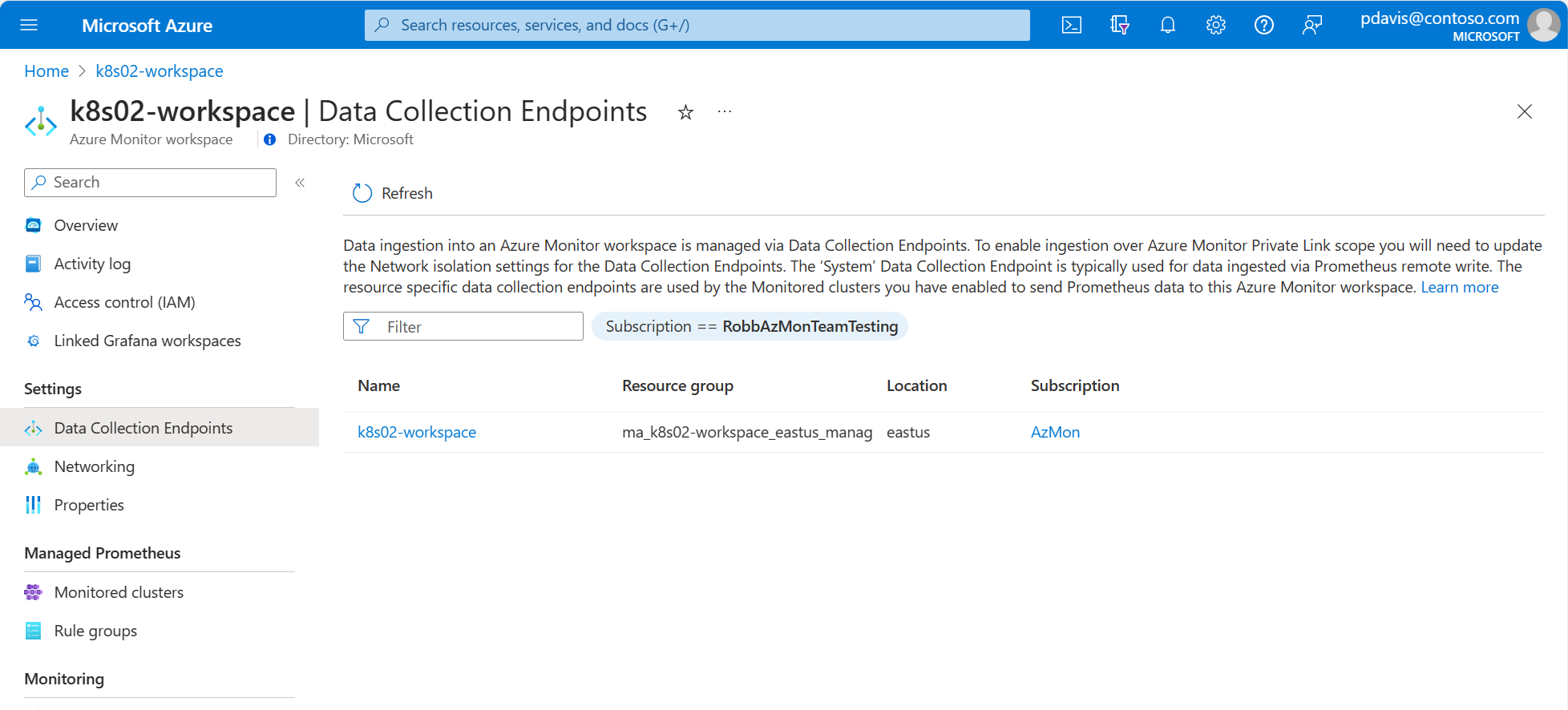 A screenshot show the data collection endpoints page for an Azure Monitor workspace.