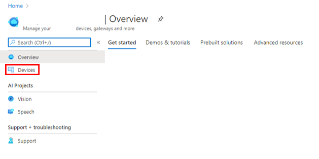 Screenshot of Azure Percept Studio overview page with Devices highlighted.