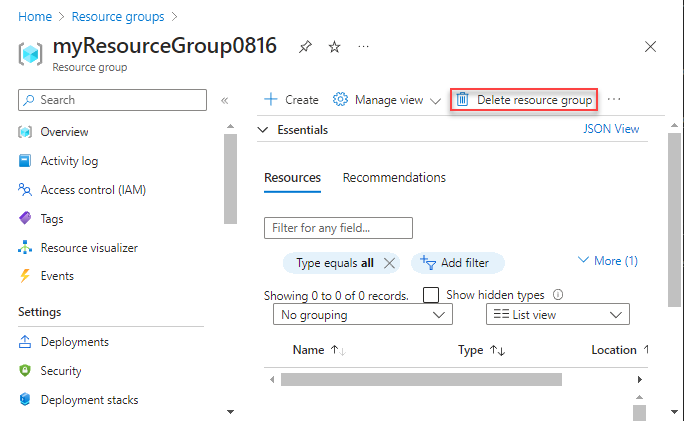 Screenshot of the Azure portal with the Delete resource group button highlighted in a specific resource group.