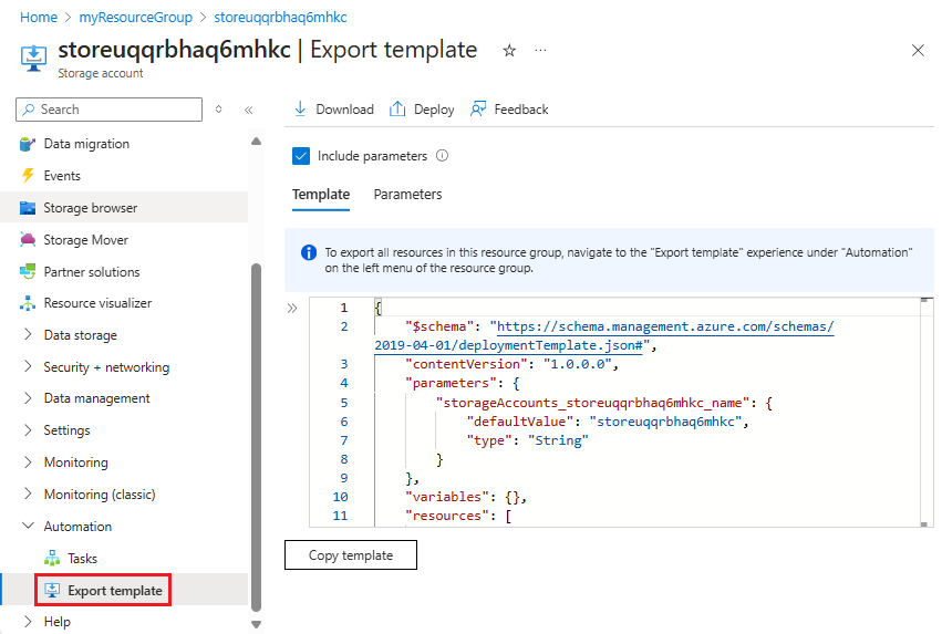 Screenshot of exporting a single resource in Azure portal.