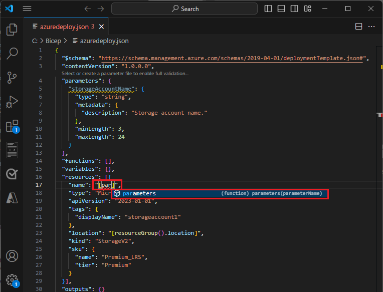 Screenshot showing auto-completion when using parameters in ARM template resources.