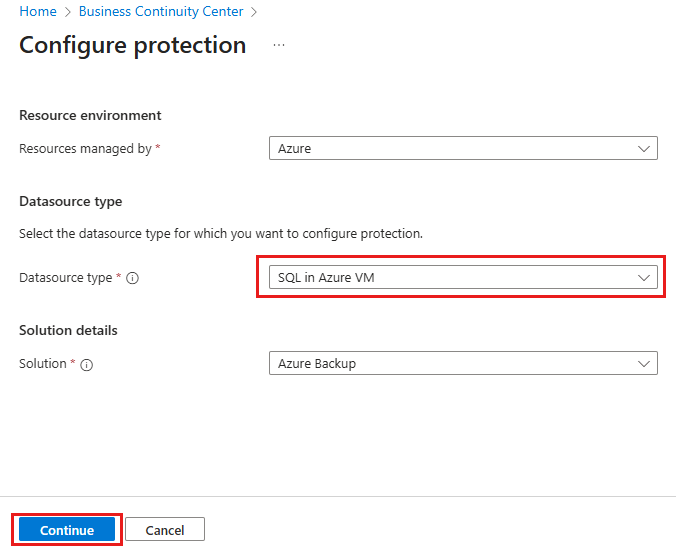 Screenshot shows how to select SQL database as the datasource for Backup.