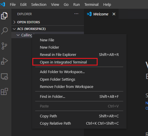 Screenshot that shows the selection for opening a folder in an integrated terminal.