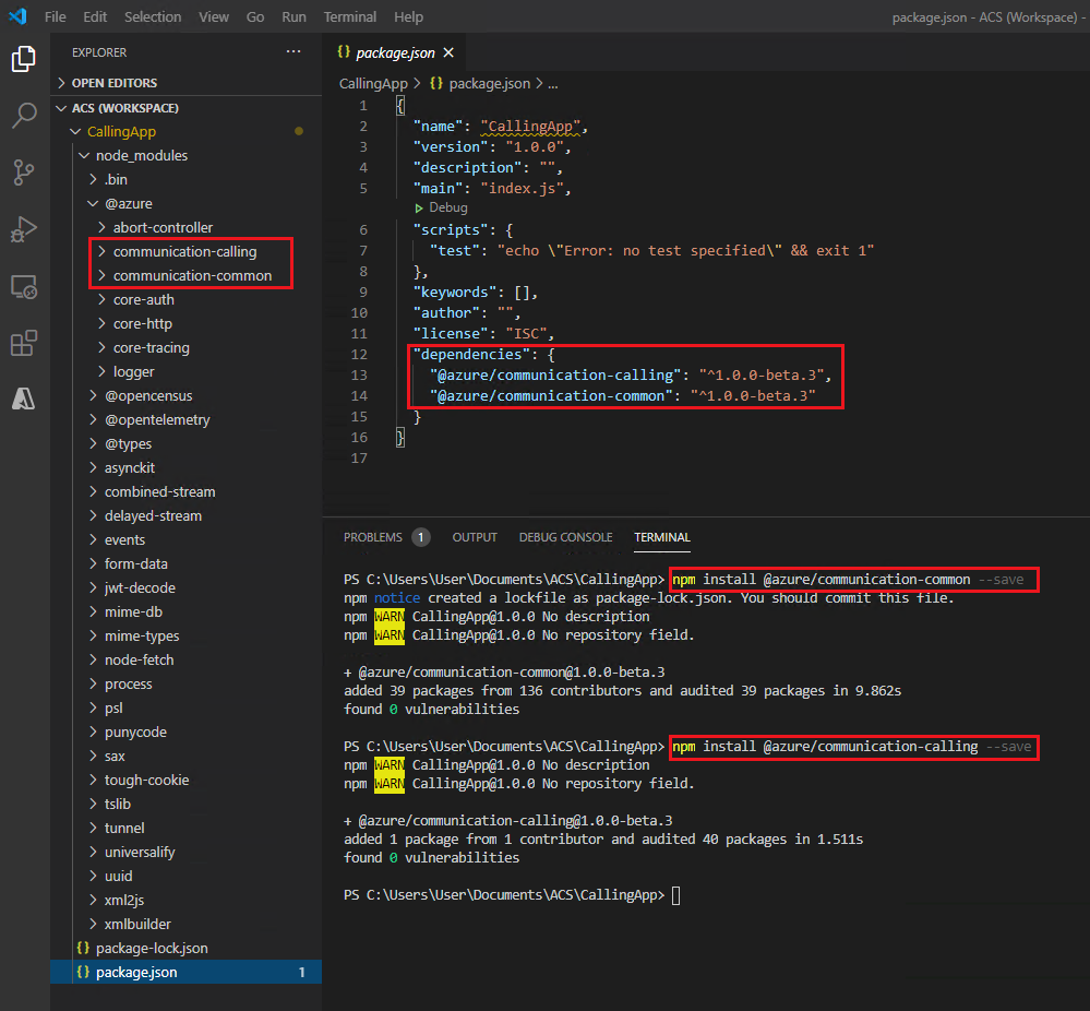 Screenshot that shows code for installing Azure Communication Services packages.