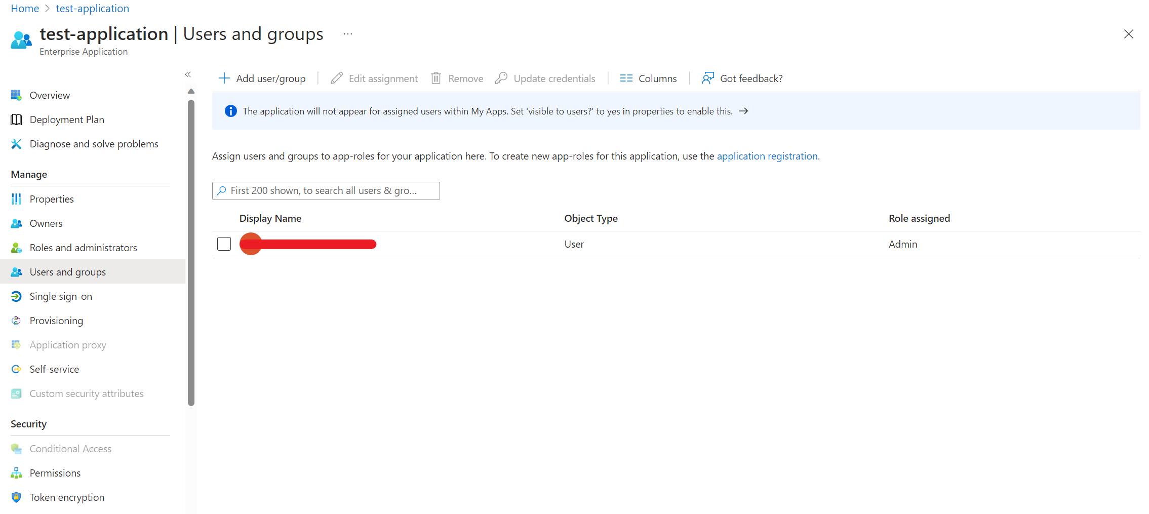 Screenshot of the User and groups view after a role has been assigned.