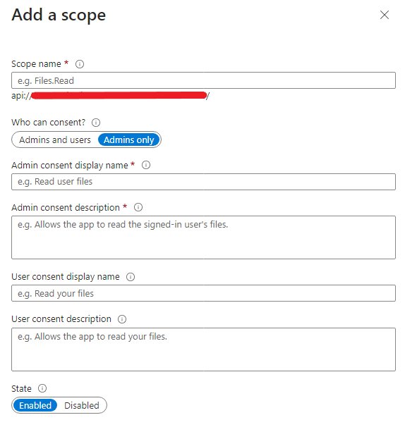 Screenshot of the Add a scope configuration sliding view.