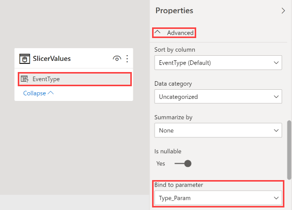 Screenshot of Model View, showing the binding of the EventType column to the parameter.