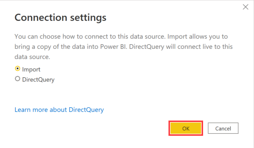 Screenshot of Connection Settings dialog box, showing the selection of the import option.