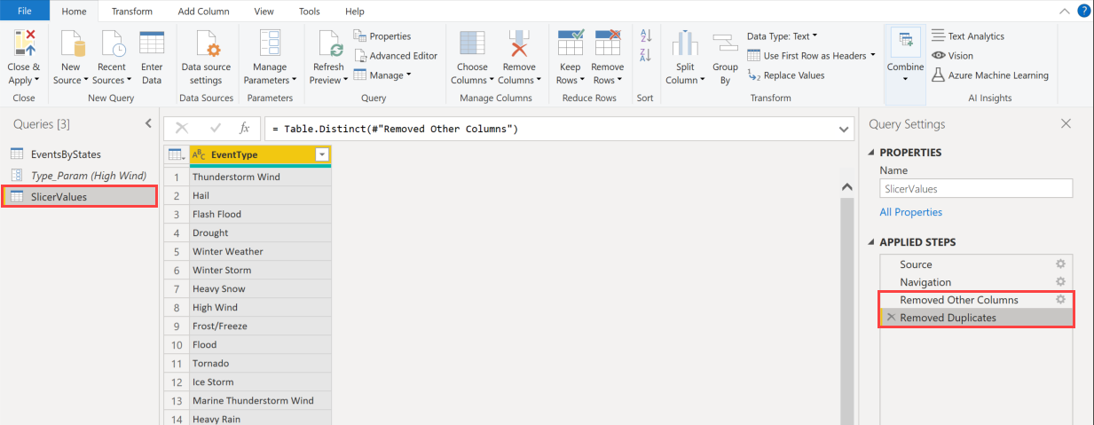 Screenshot of the table, showing the Slicer Values table.