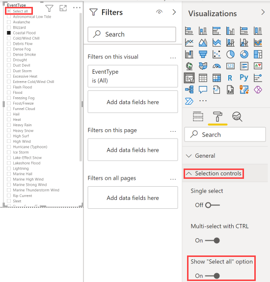 Screenshot of Report View, showing the slicer with the select all option.