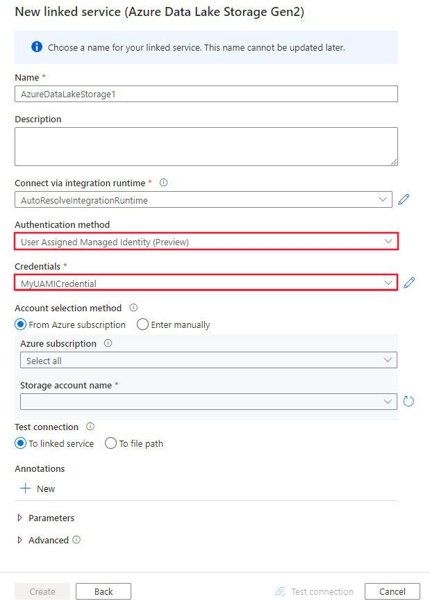 Screenshot showing the new linked service configuration with User-Assigned Managed Identity and credentials selected.