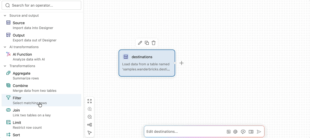 LFD operator menu with drag and drop onto the canvas.