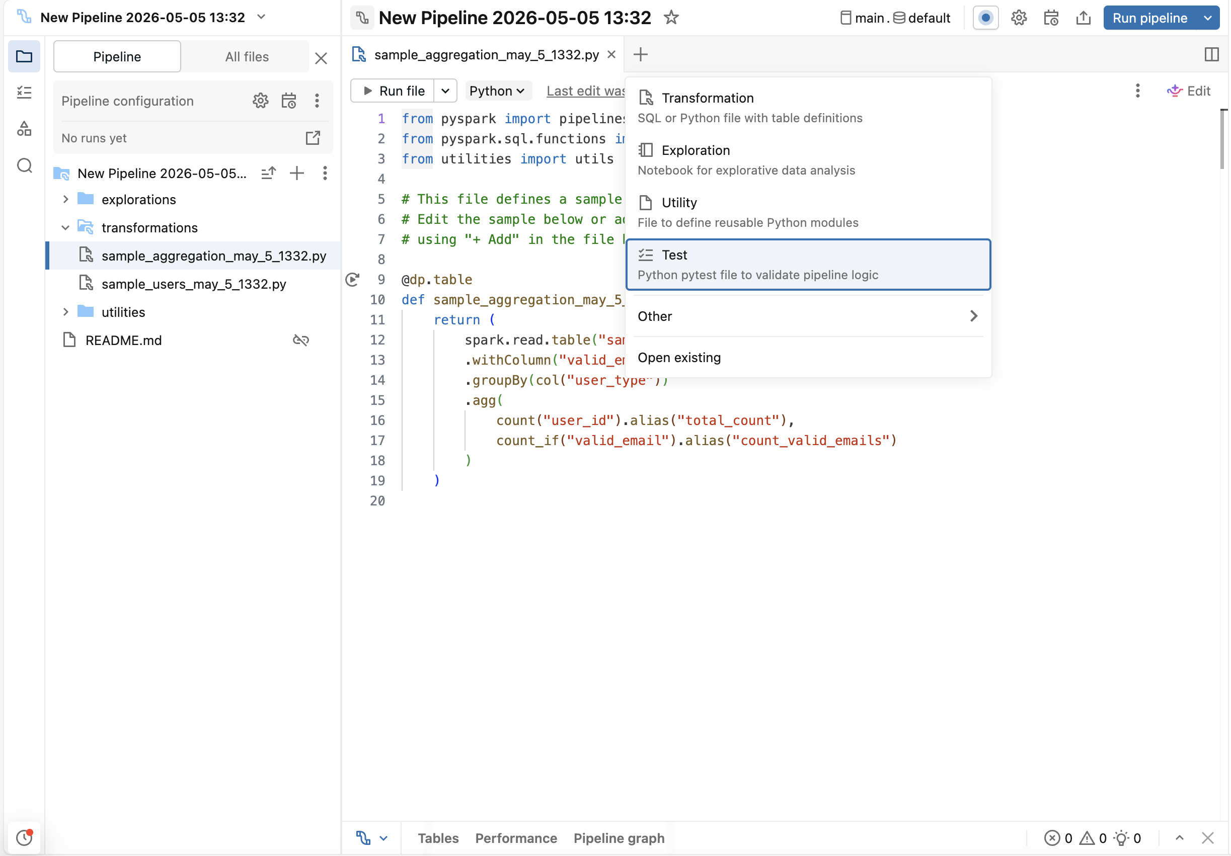 Add pipeline assets menu showing the Test option to create a pytest file.