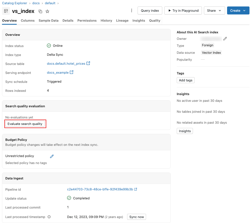 Evaluate quality button on AI Search index page.