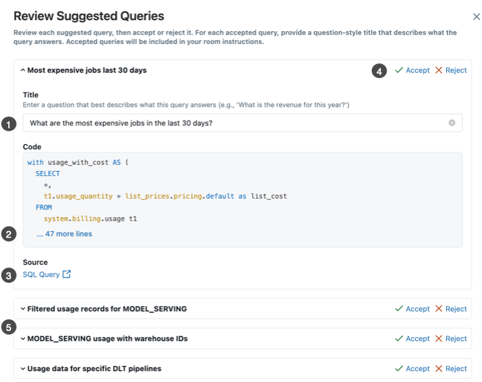 Annotated review suggested queries dialog. The numbered sections explain how to work with the suggested queries.