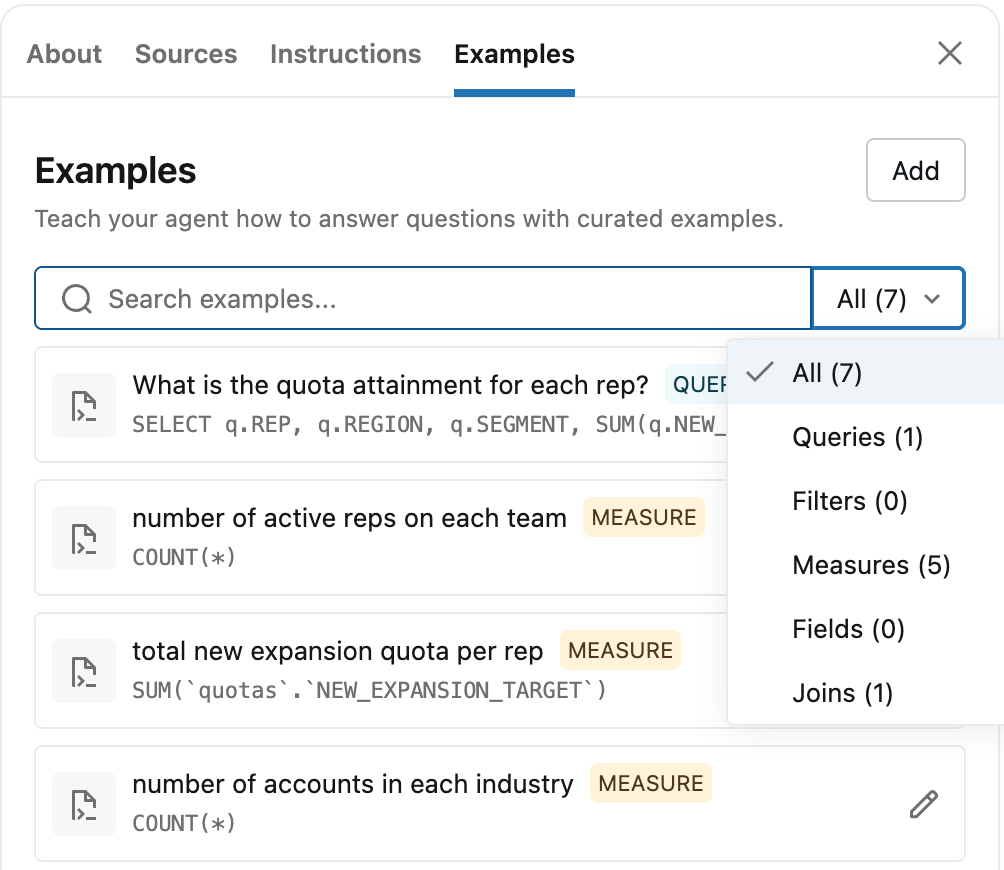 The Examples tab of the Configure panel, showing a searchable list of example queries, measures, and joins with a filter for example type.
