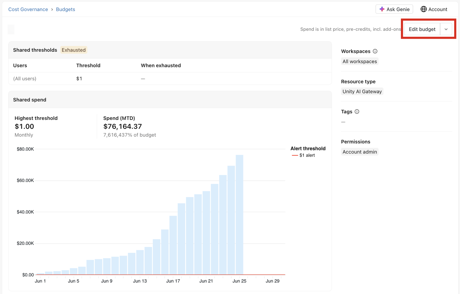 Details for a single budget when accessed from the AI page of Governance Hub.