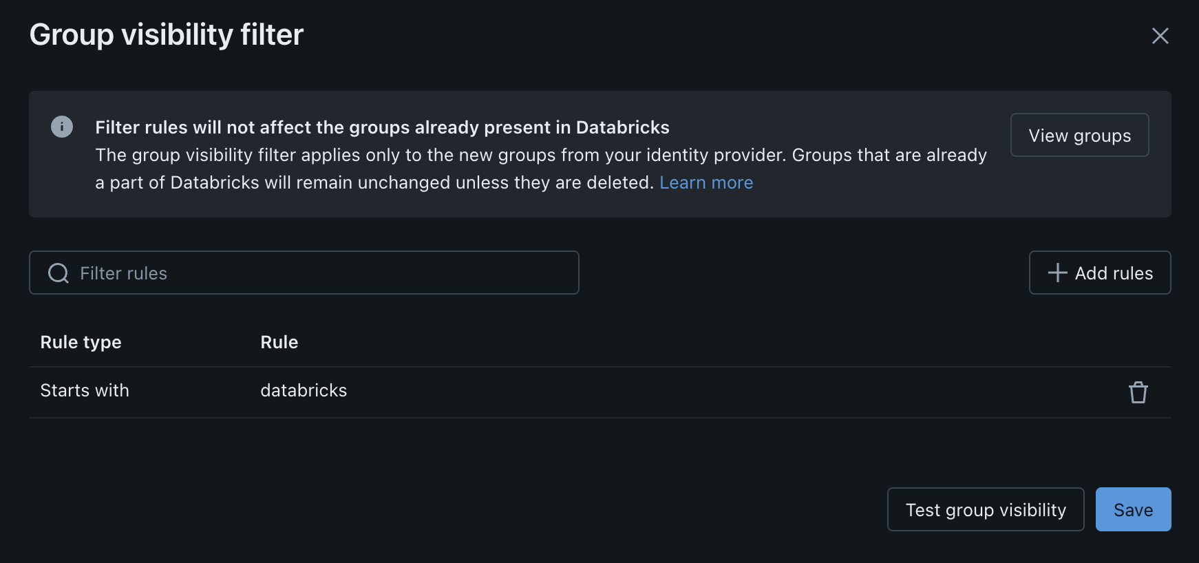 The Group visibility filter dialog, showing the rule table with options to add rules, test visibility, and save