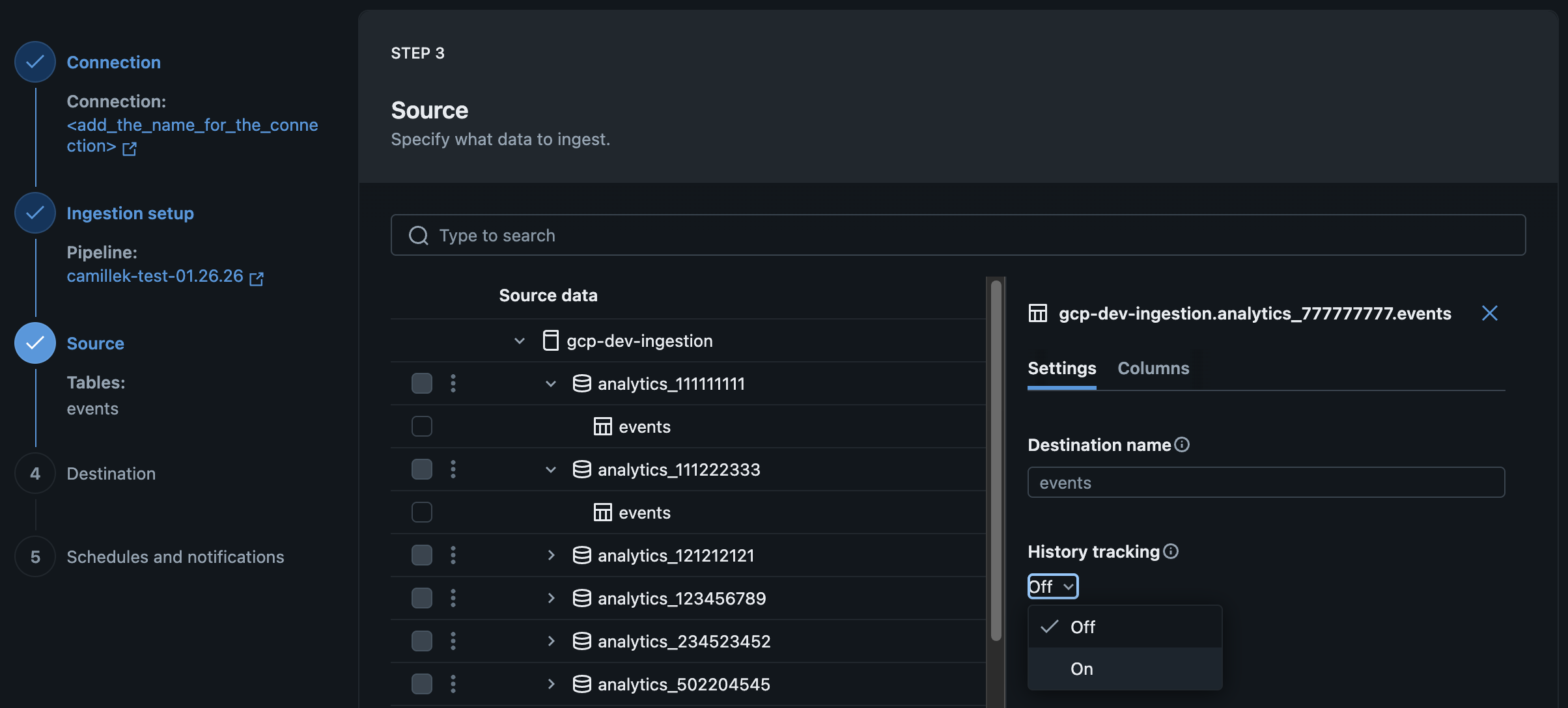 Optional history tracking setting in the UI