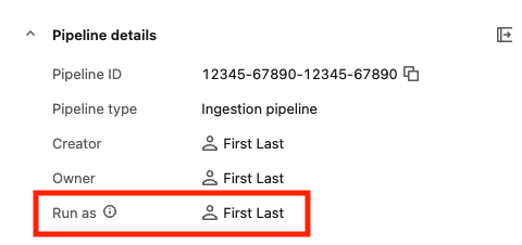 Pipeline details panel showing Run as field