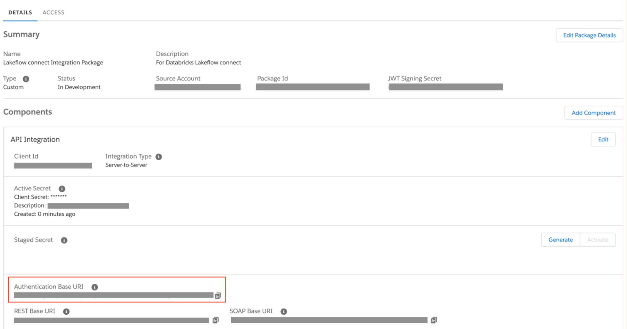 Package Details page highlighting the Authentication Base URI