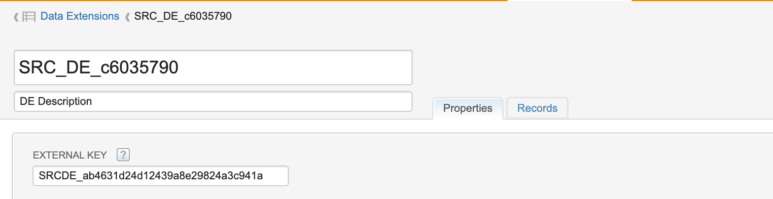 Data extension Properties page showing the External Key field