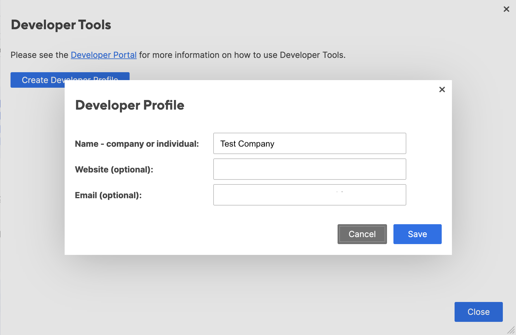 source-product-name Developer Profile modal