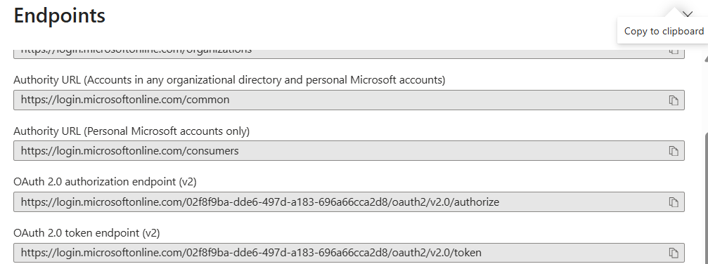 Copy the OAuth 2.0 token endpoint from the Endpoints panel