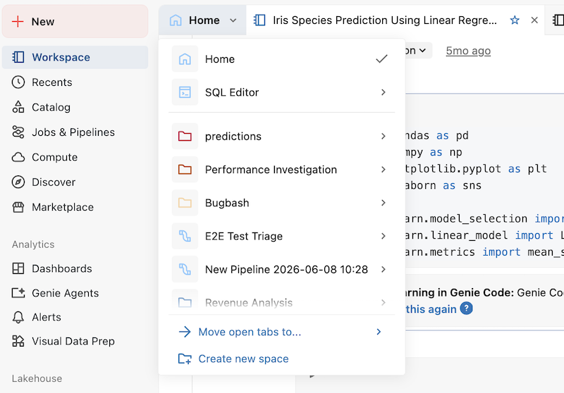 Spaces list open in the editor sidebar, showing the default Home space alongside a pipeline space and user-created spaces