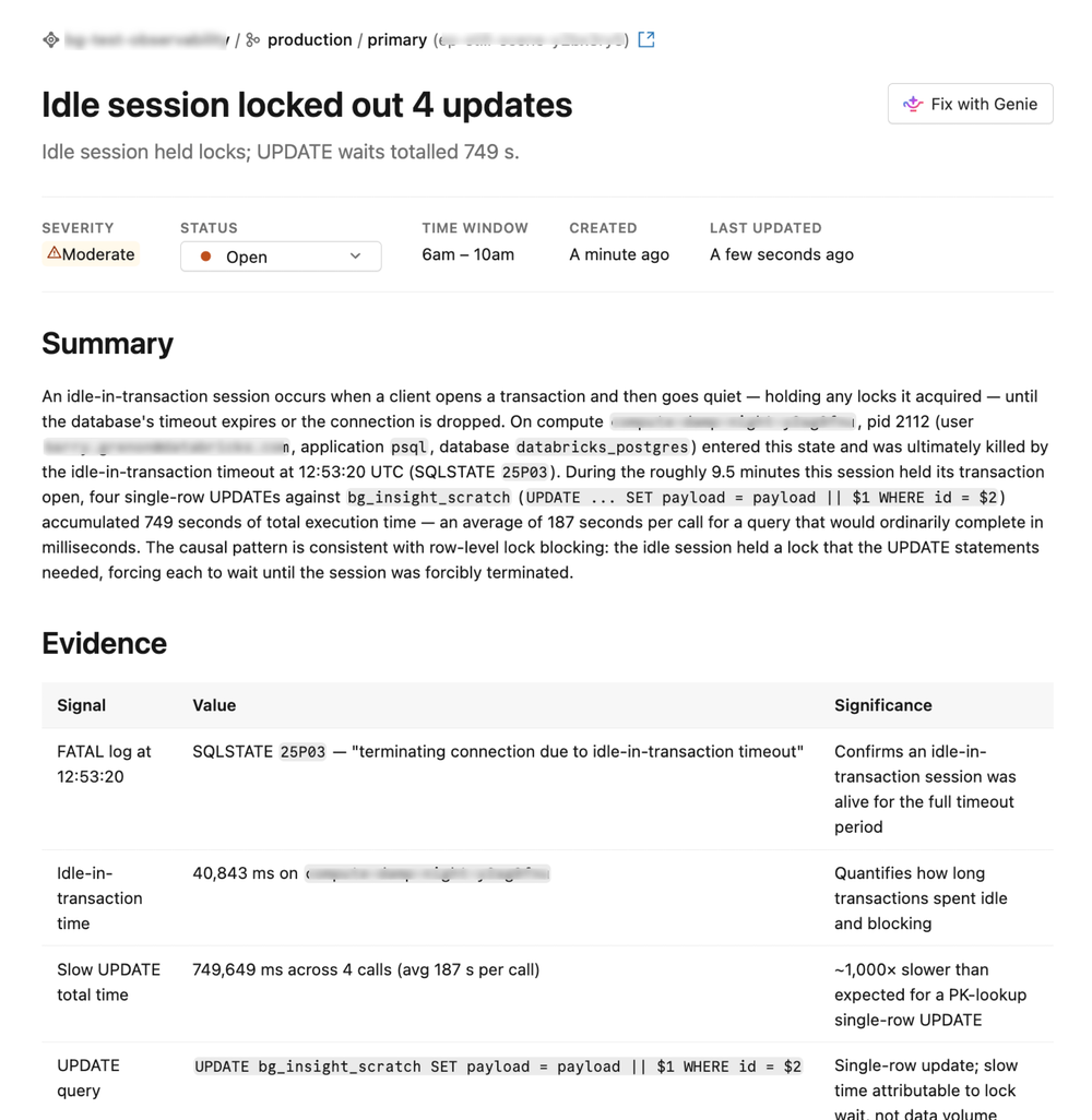 Insight detail page for "Idle session locked out 4 updates," at Moderate severity, showing a Summary of an idle-in-transaction session blocking four UPDATE statements and an Evidence table with the terminating FATAL log, idle-in-transaction time, and total UPDATE wait time.