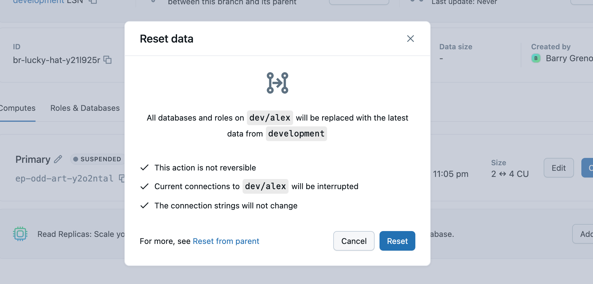 Reset data confirmation modal