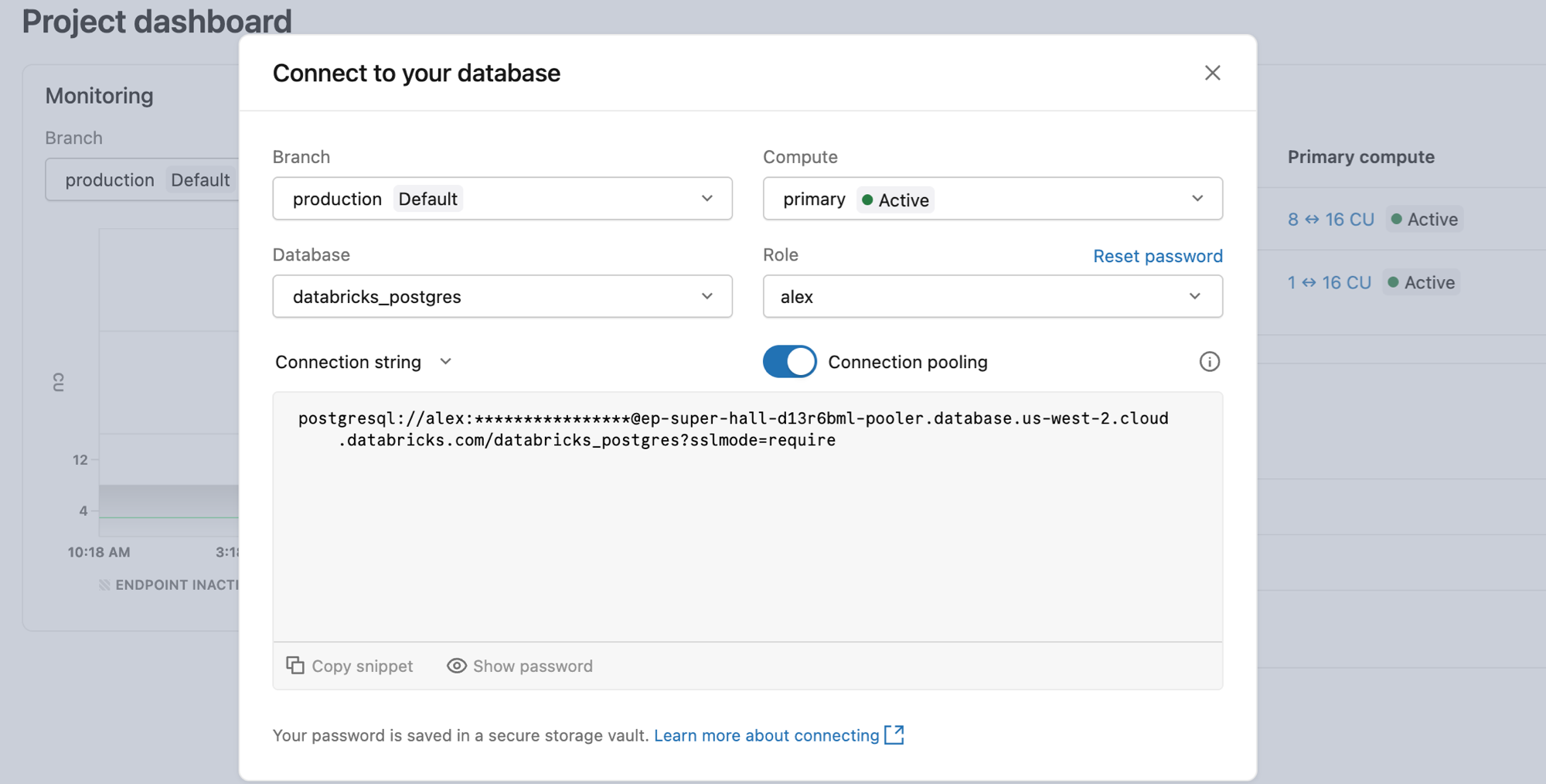Connect dialog showing the Connection pooling toggle enabled for a native Postgres password role.