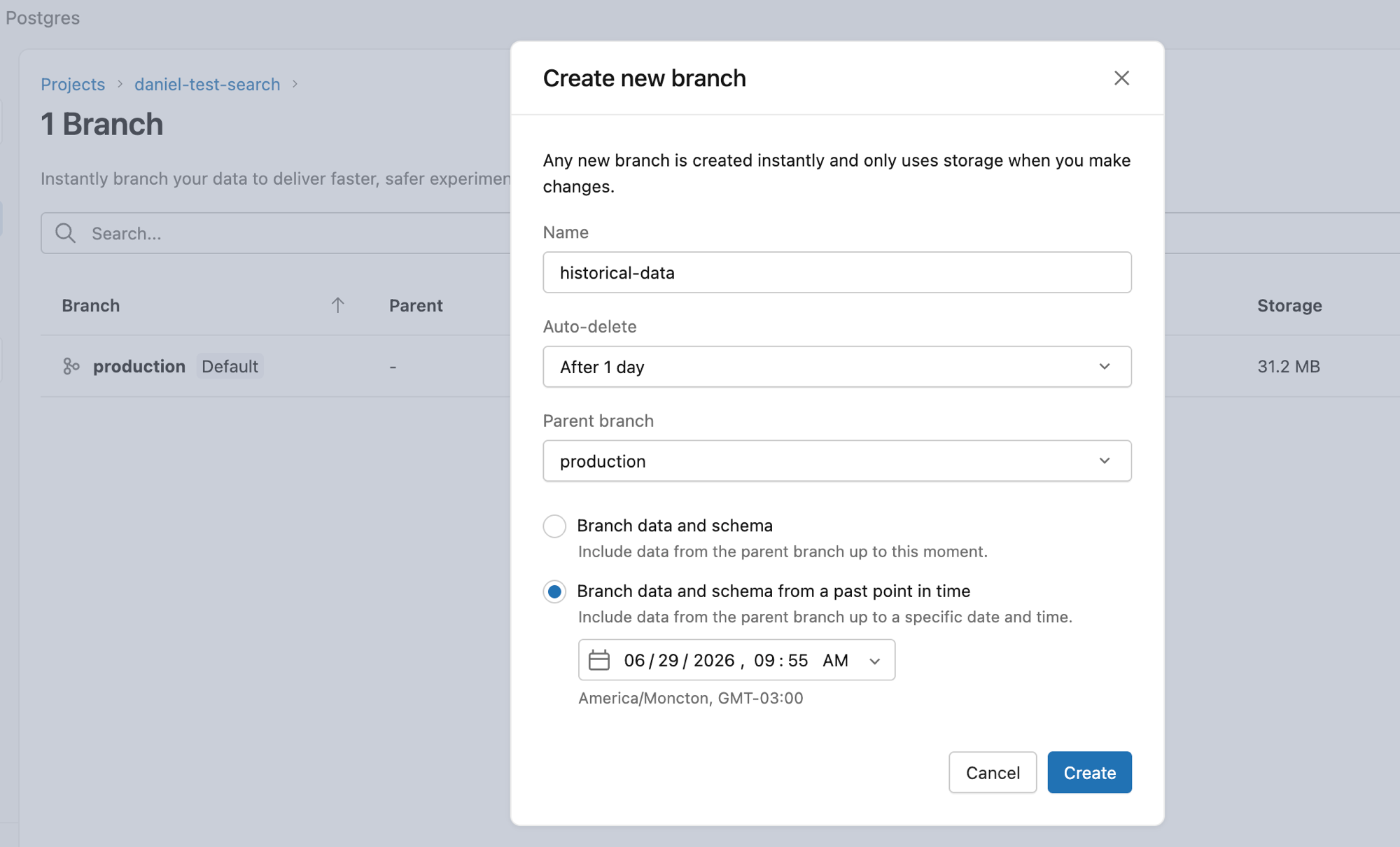 Create a branch from past data