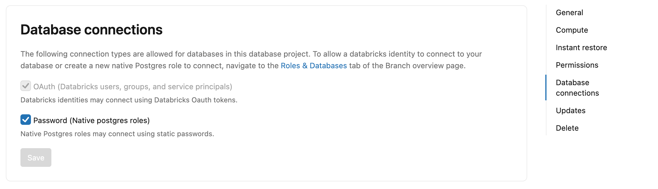 Database connections settings
