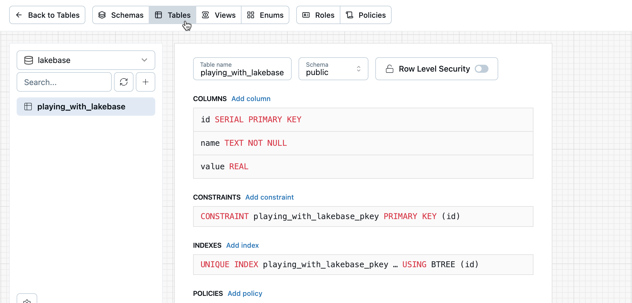 Lakebase tables editor data studio view