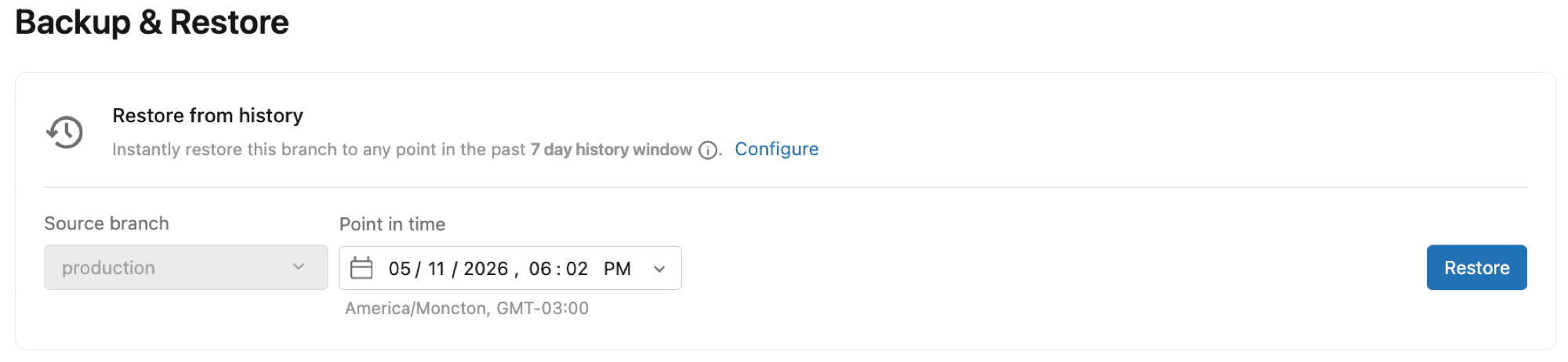 Restore from history UI showing source branch and point-in-time picker.