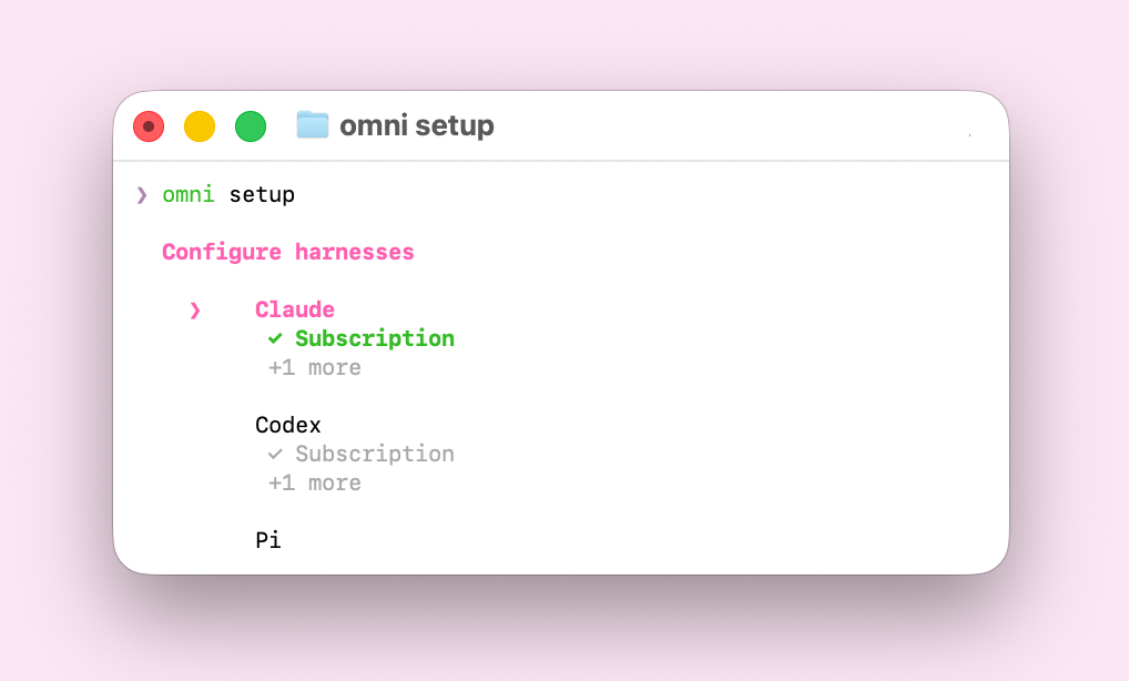 Running omni setup in the terminal to start adding harness credentials.
