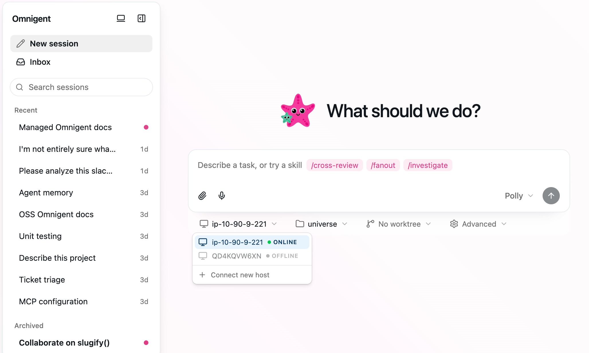 The Omnigent workspace UI host picker with a registered local host selected.